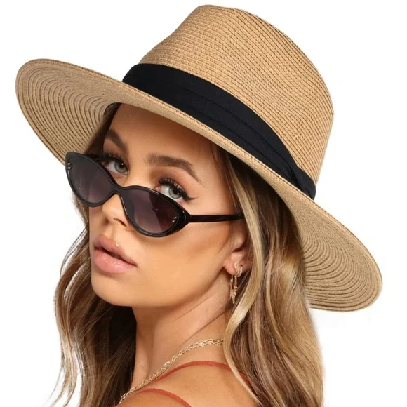 Boho Straw Sun Shielding Black Ban Wide Brim Panama Hat - Picture 1 of 4